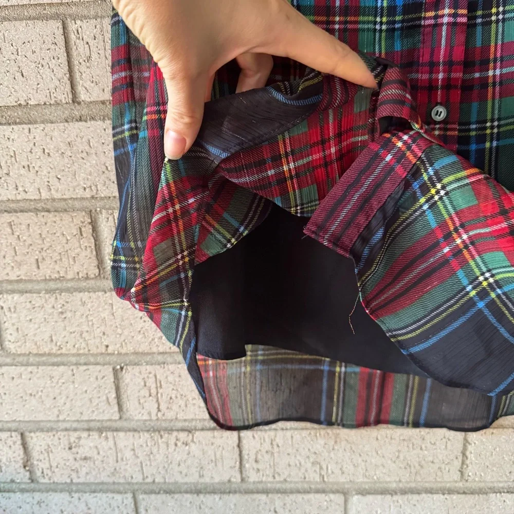 J Crew Sleeveless ruffle-collar top in black Stewart tartan | plaid | Sz Small